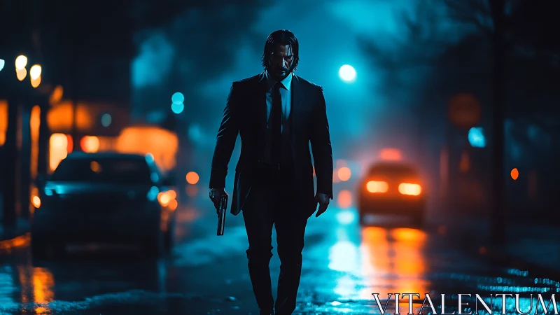 Lone gunman in neon soaked rain, cinematic street prowl.