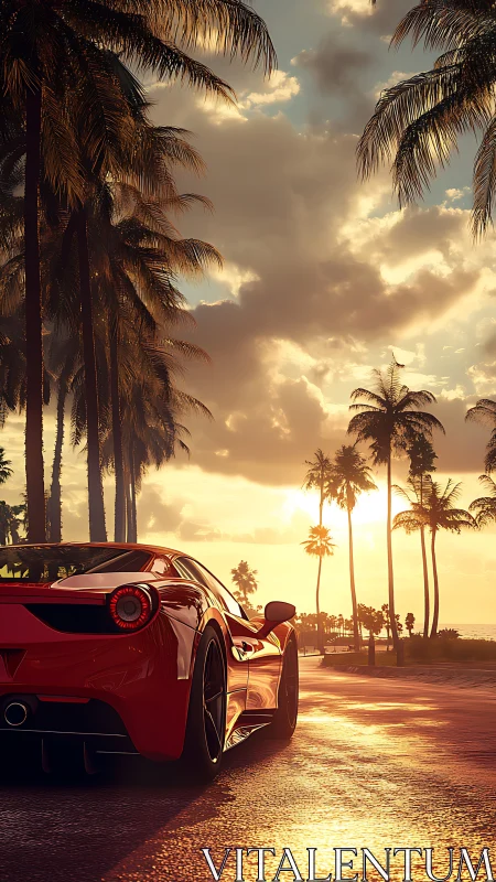 Sunlit red sports car cruising a dreamy palm-lined shore.