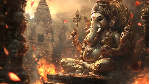 Golden Ganesha statue in fiery temple courtyard scene.