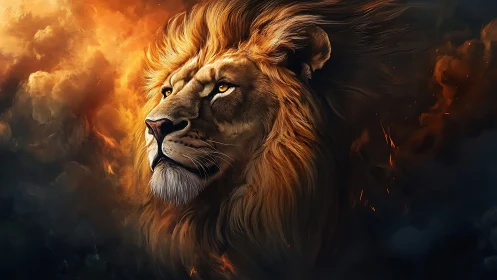 Ember-Crowned Lion King gazing through smoldering clouds.