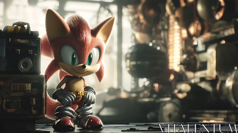 Steampunk fox hero rendered in cinematic 3D workshop scene.