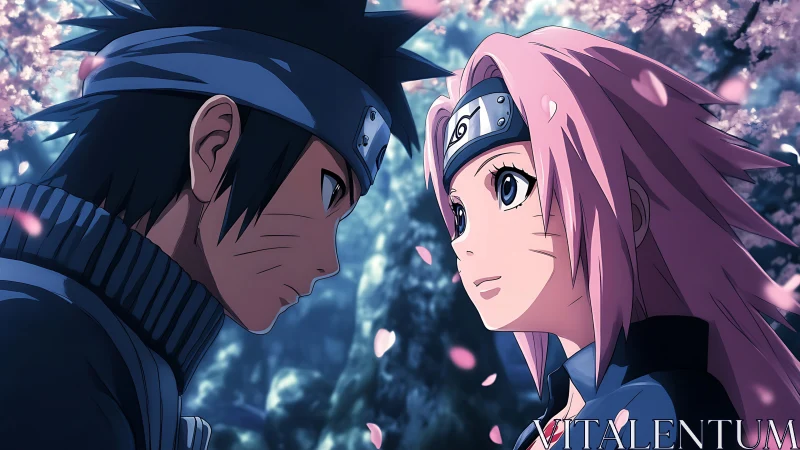 Cherry blossoms frame two young ninjas in a tender gaze