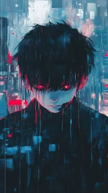 Digital portrait of figure with red eyes in abstract city.