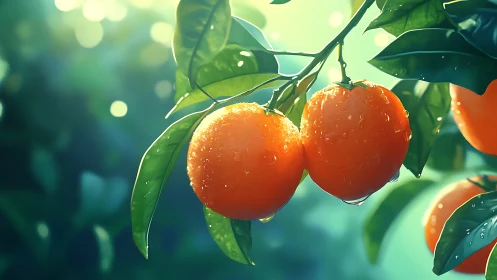 Ripe oranges hang with dewdrops in soft morning backlight