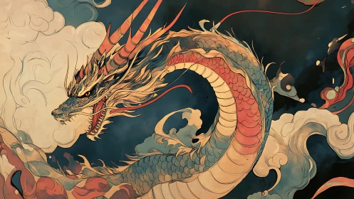 Coiled Eastern dragon amid swirling clouds and dark sky.