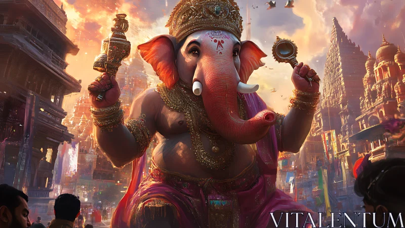 Majestic elephant-headed deity towers above vibrant temple city.