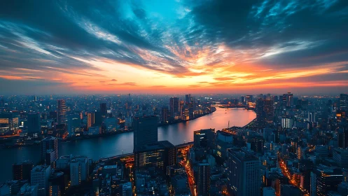 Dense riverfront cityscape under blue and orange dusk sky.