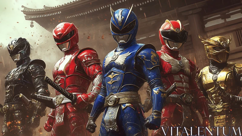 Armored color-coded team of helmeted warriors standing aligned.