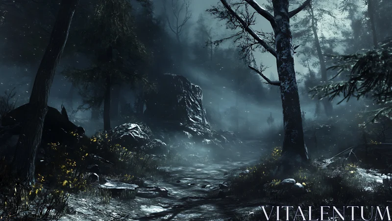 Nocturnal volumetric forest path under cinematic fog gradients.