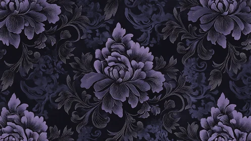 Purple Floral Damask Pattern on Dark Background.