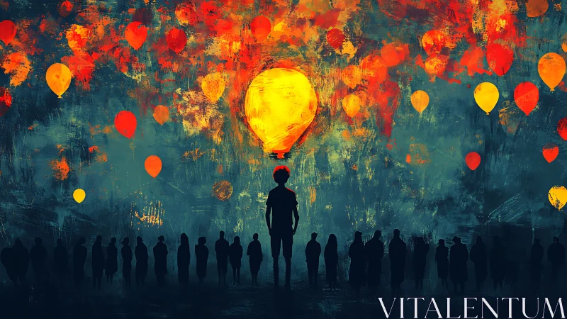 Silhouetted figure beneath luminous balloons in abstract night sky