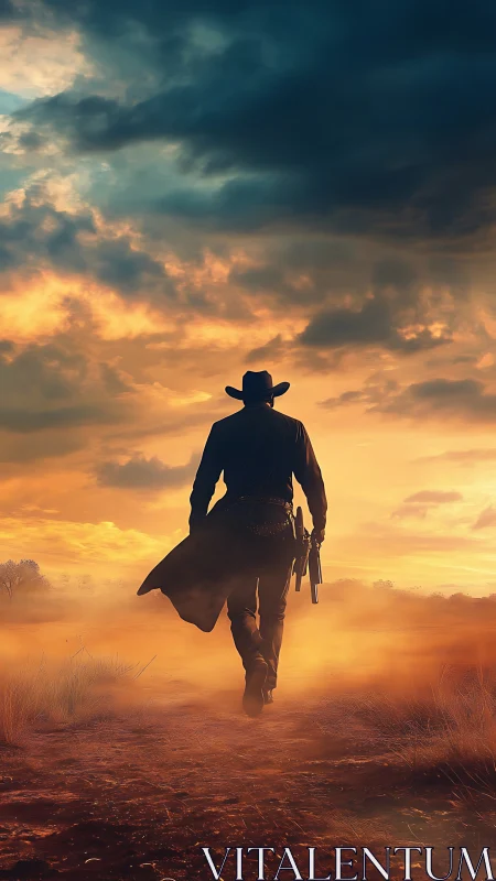Lone gunslinger strides into a blazing, dust-lit sunset sky