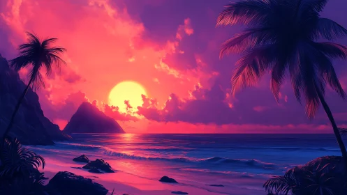 Tropical shoreline at sunset with silhouetted palms and cliffs.