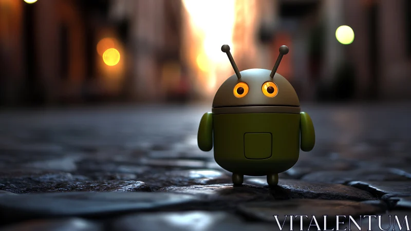 Small green robot stands on wet cobblestone street at dusk