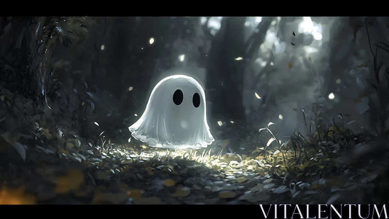 Lonely cartoon ghost glowing softly in misty forest path.