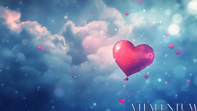 Pink Heart Balloon Ascending Through Clouds in Dreamlike Sky.