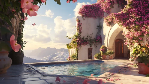 Sunlit cliffside courtyard whispers over a turquoise pool