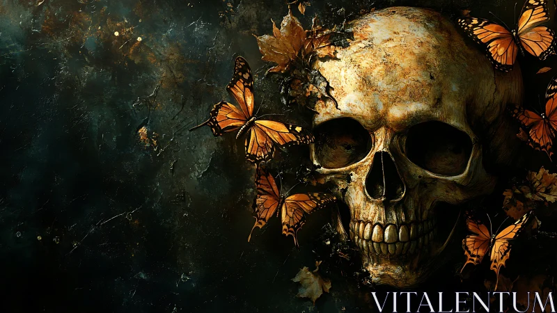 Corroded human skull with monarch butterflies in high-contrast chiaroscuro