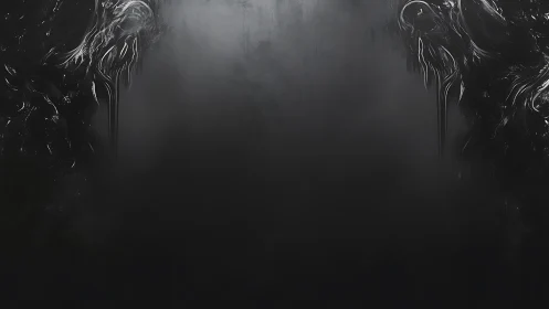 Dark gradient field with mirrored abstract metal forms.