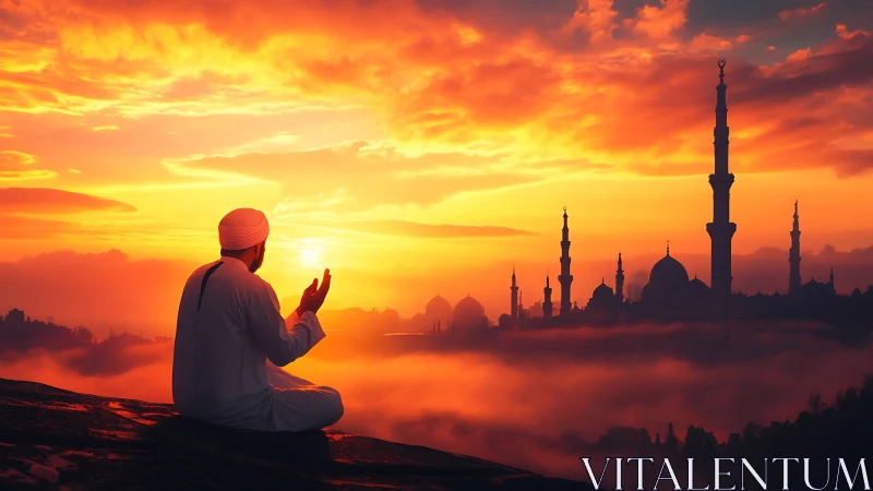 Sunset prayer over misty mosque skyline in vivid light.