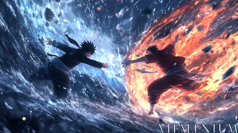 Clashing fire and ice warriors in a swirling storm of power.