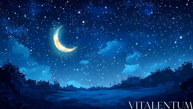 Crescent moon above starlit night sky over open landscape.