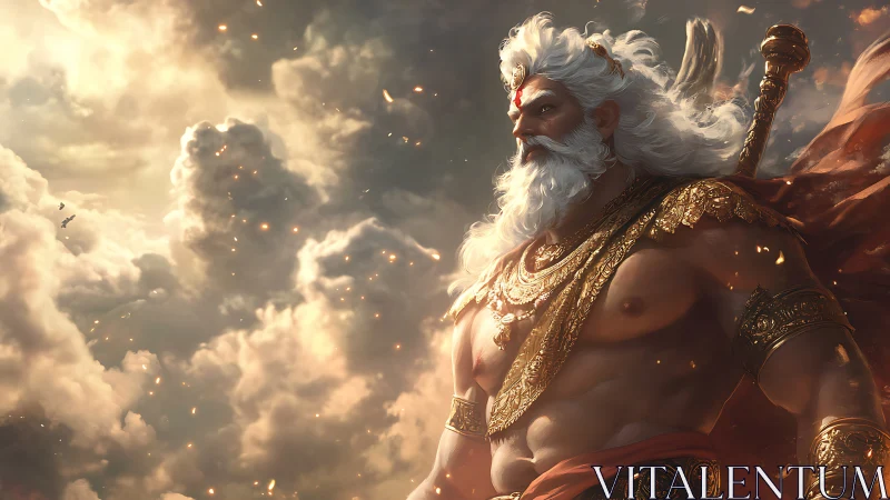 Storm-lit warrior deity in ornate golden armor stands poised.