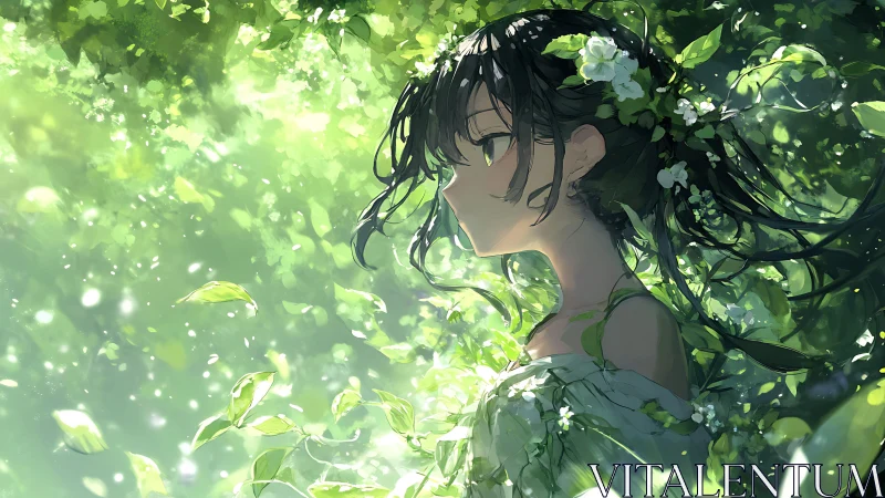 Forestborne girl drifting through luminous summer leaves.