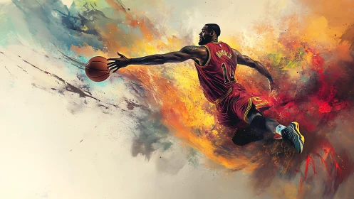 Dynamic basketball dunk in explosive abstract color field