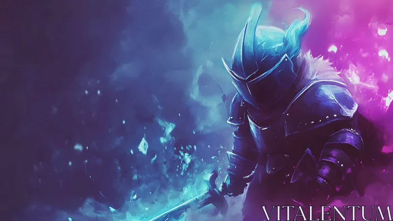 Armored spectral knight in neon blue and violet storm.
