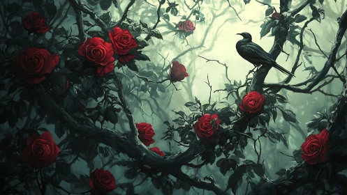 Midnight roses surround a watchful crow in misty silence