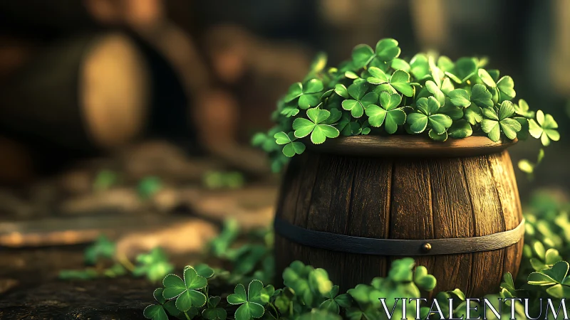 Wooden barrel container filled with dense green clover plants.