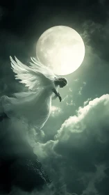 Winged figure descends before a full moon in dense clouds