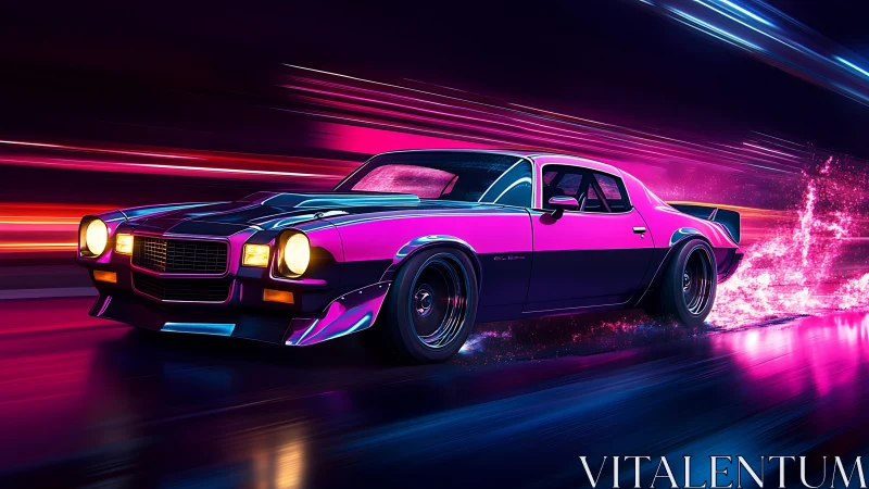 Neon muscle car racing through vibrant cyber tunnel.