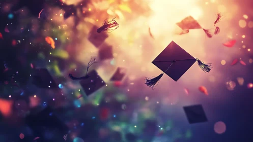 Graduation caps suspended midair against diffuse bokeh light.