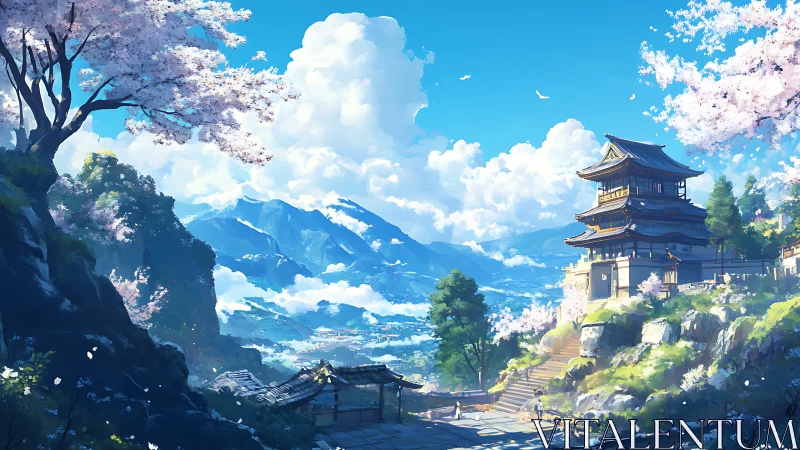 Digital painting of mountain temple amid spring cherry blossoms.