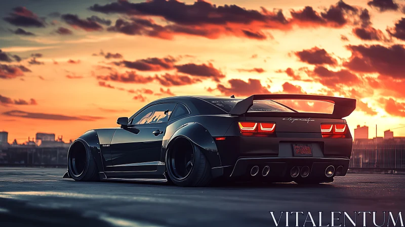 Widebody black muscle car waits under vivid sunset sky