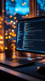 Developer workspace glows with code on a warm evening screen.