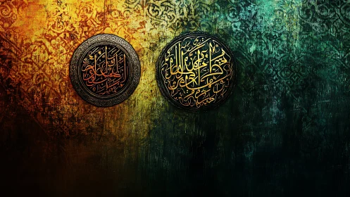 Islamic circular calligraphy on textured gradient wall.