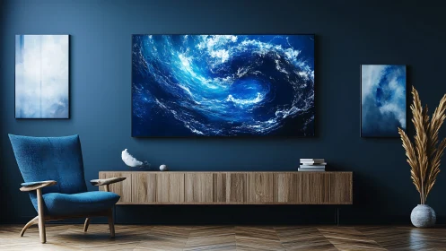 Modern living room displays large abstract ocean painting