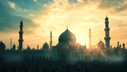 Grand mosque skyline at sunrise with crowded courtyard.
