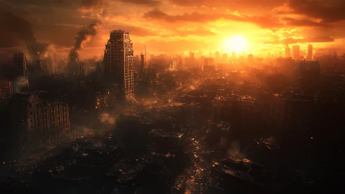 Ruined city skyline under burning orange postwar sunset.