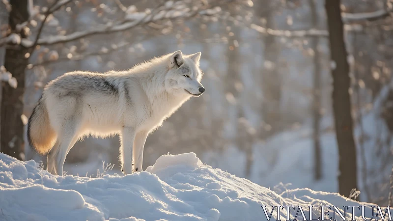 Arctic wolf in backlit winter forest on sunlit snow ridge.