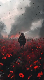 Lone soldier walks through red poppy field toward burning front