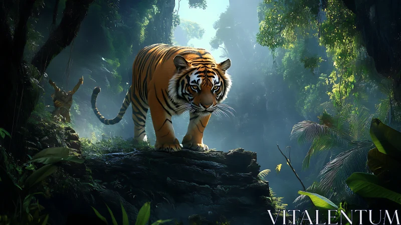 Gentle tiger wanders through a misty emerald jungle grove.