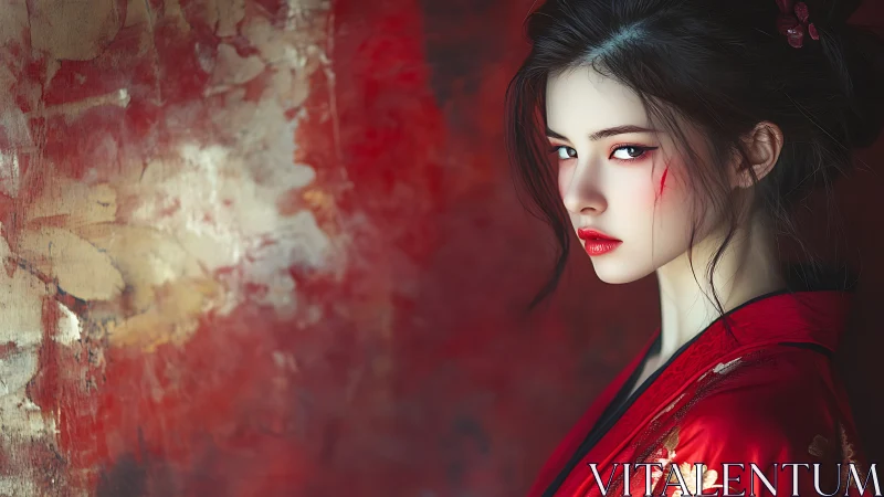Digital portrait of woman in red kimono against abstract red wall.