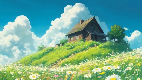 Wooden hilltop house above meadow of white daisies.