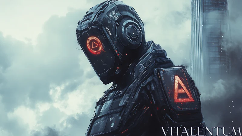Solitary combat android surveys a stormy futuristic skyline