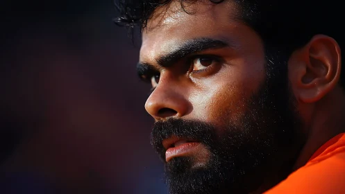 Intense close-up profile of bearded male athlete face.