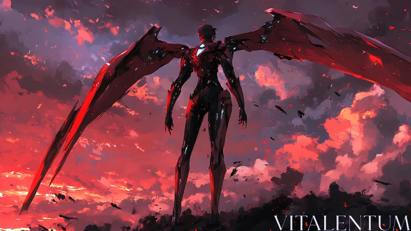Winged mech silhouette dominates red stormy sky scene.